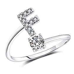 Alphabet Letters Stone Silver Rings for Women, CZ Adjustable Initial Letter Ring For Women Simple Elegant Jewelry Friendship Gift for Girls, Name Word Finger Ring for Party, Wedding, Dating, Festivals, Birthday