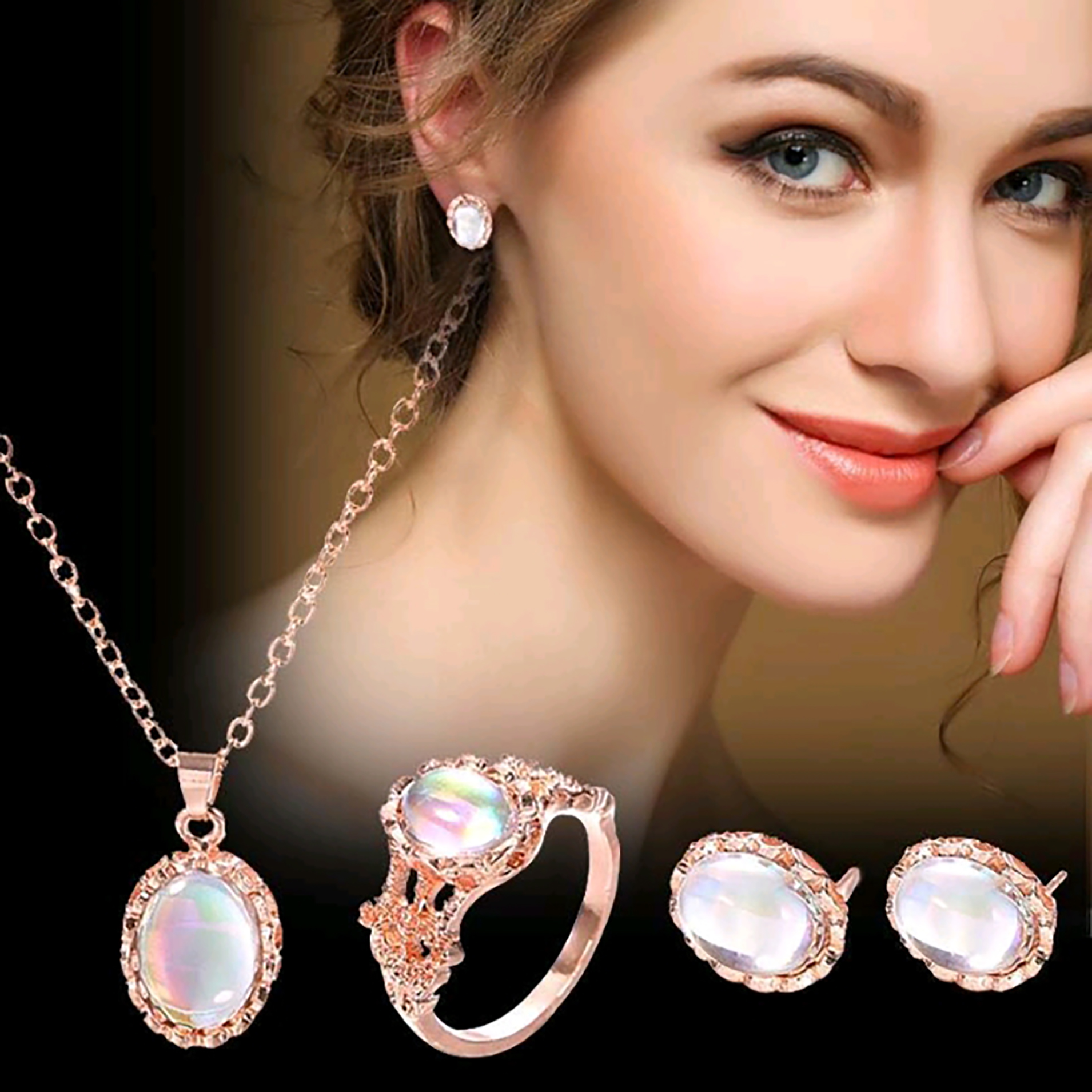 European American New Dazzling Gems Trendy Necklace Earrings Finger Ring Jewelry Set
