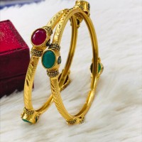 Gold Plated Rubi and Panna Stone Work Bangle (Churi) for women(2 pices)