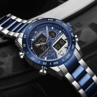 Navi force Nf9171 Two-Tone Stainless Steel Dual Wrist Watch for Men - Royal Blue & Silver