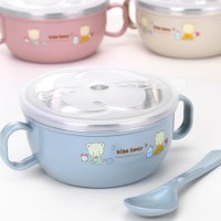 TE Smart Stainless Steel Cartoon Feeding Bowl with Handles and Spoon for Baby Random Color