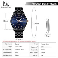 LouisWill Men Travel Fashion Watch Quartz Steel Strip Watches 30m Waterproof Luxury Luminous Business Wristwatches Outdoor Exercise