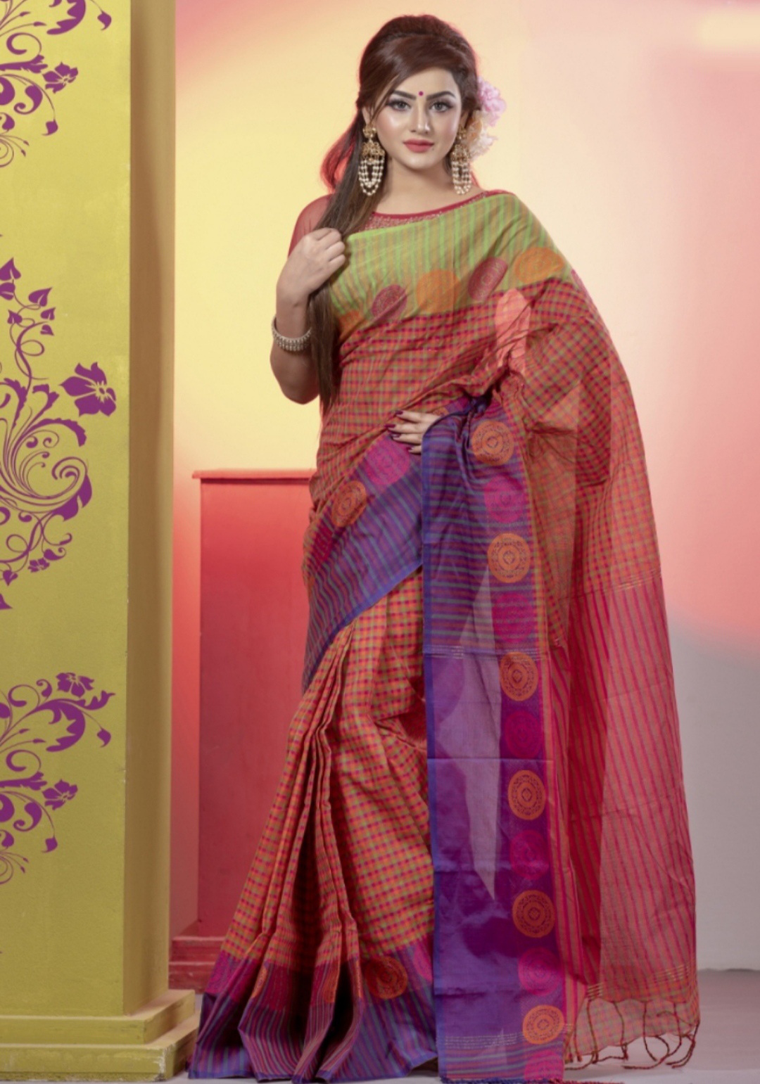 Multicolor Chek Cotton Saree for Women