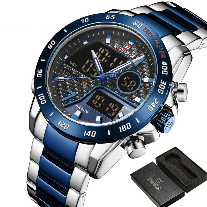 Navi force Nf9171 Two-Tone Stainless Steel Dual Wrist Watch for Men - Royal Blue & Silver