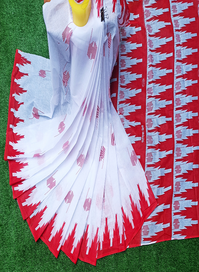 Pohela Boishak Special White & Red Combnation Color 12 Hand Print Cotton Saree For Women